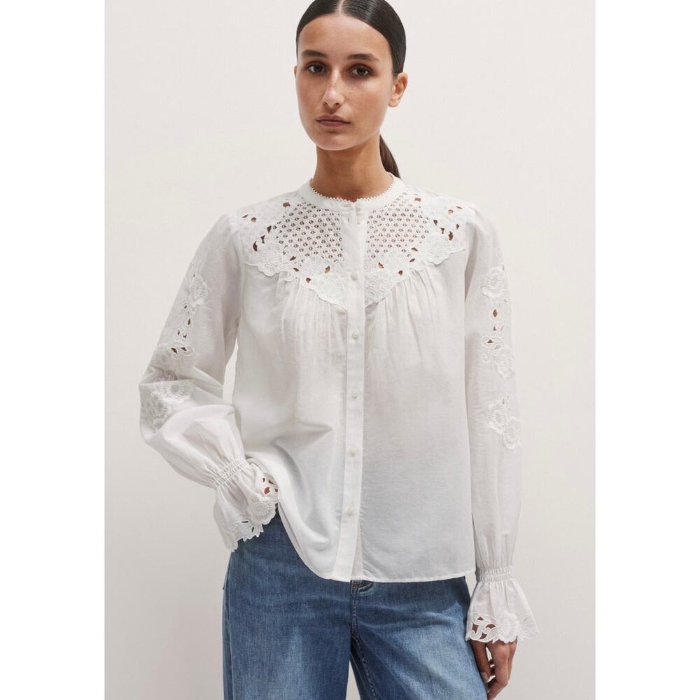 ME+EM White Broderie Eyelet Lace Embroidered Blouse Cotton Voile 2 XS Cottage